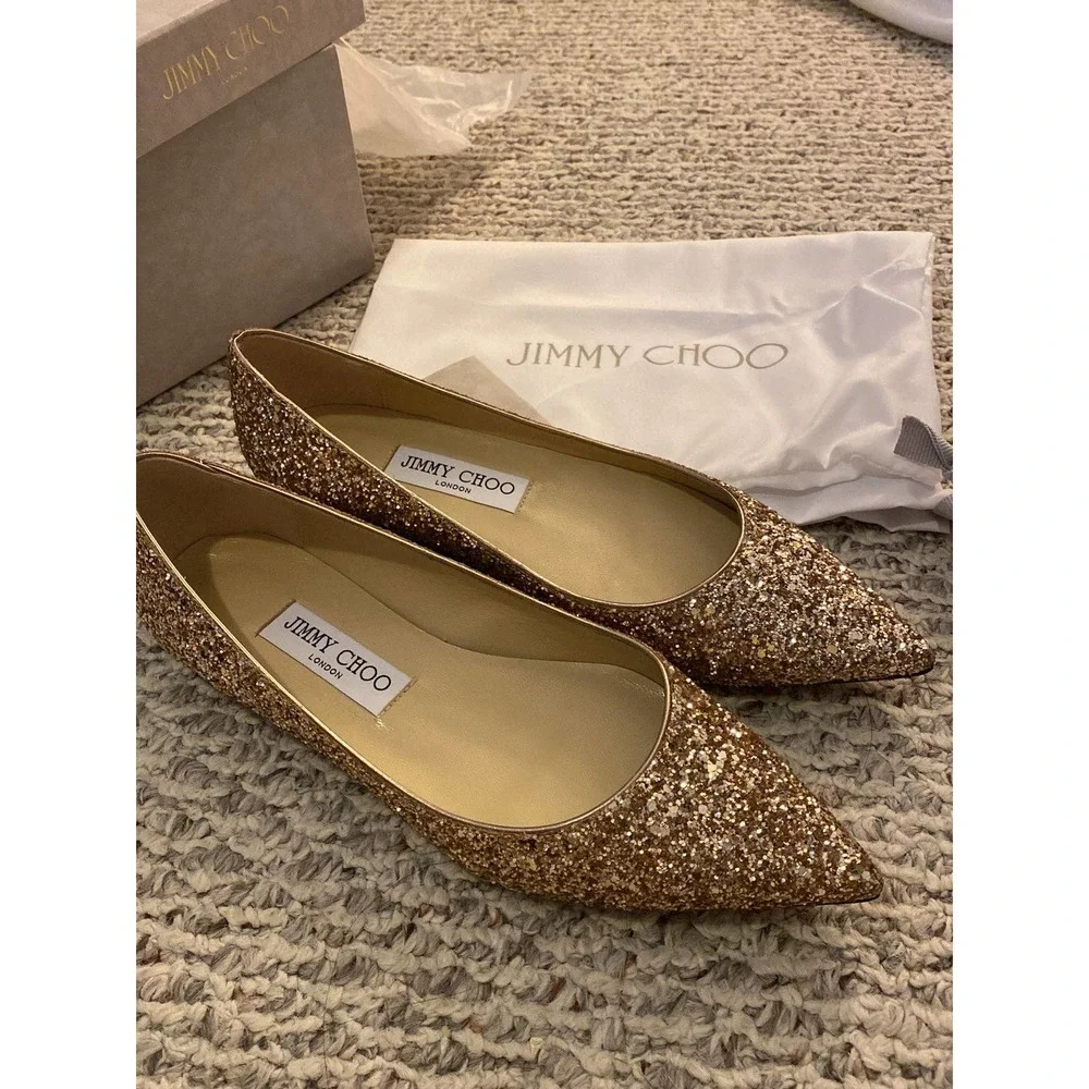 Jimmy Choo Alina Coarse Glitter Fabric Pointed Toe Flats - Picture 1 of 11